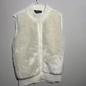Kikit Ivory Faux Fox Fur Front Stretchy Knit Back Zip Vest Sleeves Size Long